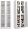 Kitchen Pantry Cabinet, 72" Tall Pantry Storage Cabinet with Adjustable Shelves and Glass Doors, Metal Storage Cabinets with Handle for Living Room, Kitchen, Assemble Required (White)