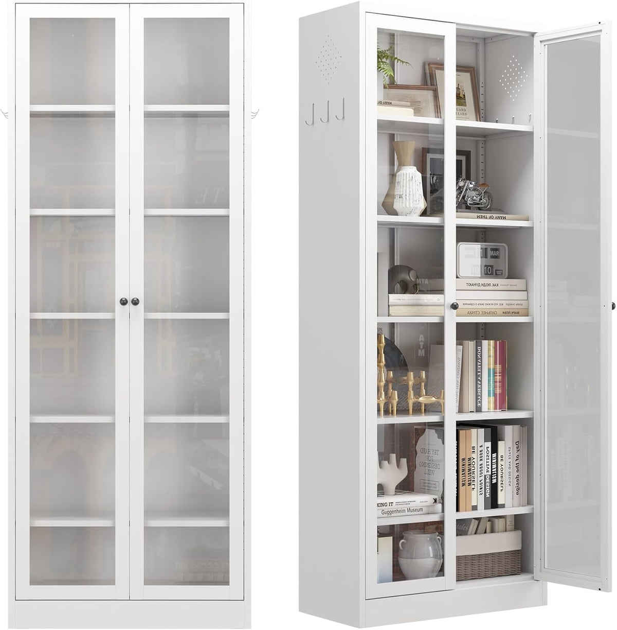 Kitchen Pantry Cabinet, 72" Tall Pantry Storage Cabinet with Adjustable Shelves and Glass Doors, Metal Storage Cabinets with Handle for Living Room, Kitchen, Assemble Required (White)