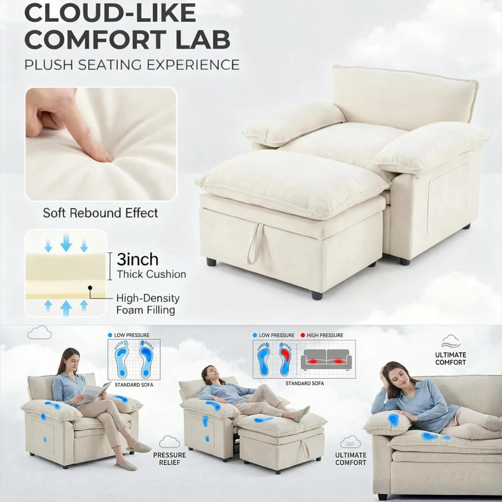 Furnimart Oversized Chair with Storage Ottoman, 44" Wide Cloud Chair and Ottoman Set with Chunky Cushion, Comfy Lounge Reading Chair for Living Room Bedroom Office – Beige