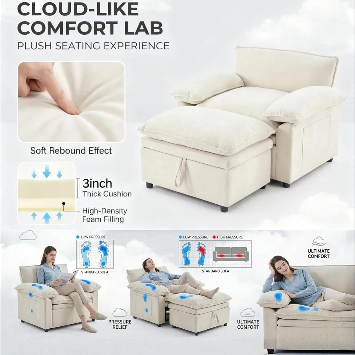 Furnimart Oversized Chair with Storage Ottoman, 44" Wide Cloud Chair and Ottoman Set with Chunky Cushion, Comfy Lounge Reading Chair for Living Room Bedroom Office – Beige