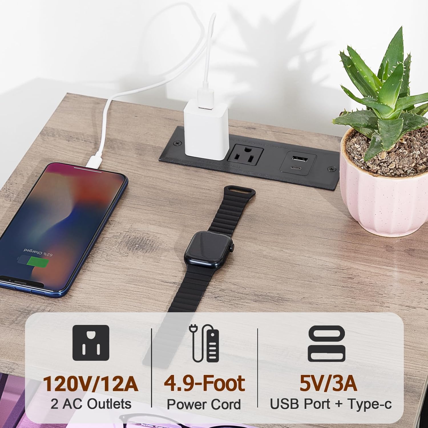 AMHANCIBLE Nightstands Set of 2 with Charging Station and LED Lights | Large Bedside Tables with USB Ports and AC Outlets, 2 Fabric Drawers, Modern Night Stand for Bedroom, Grey