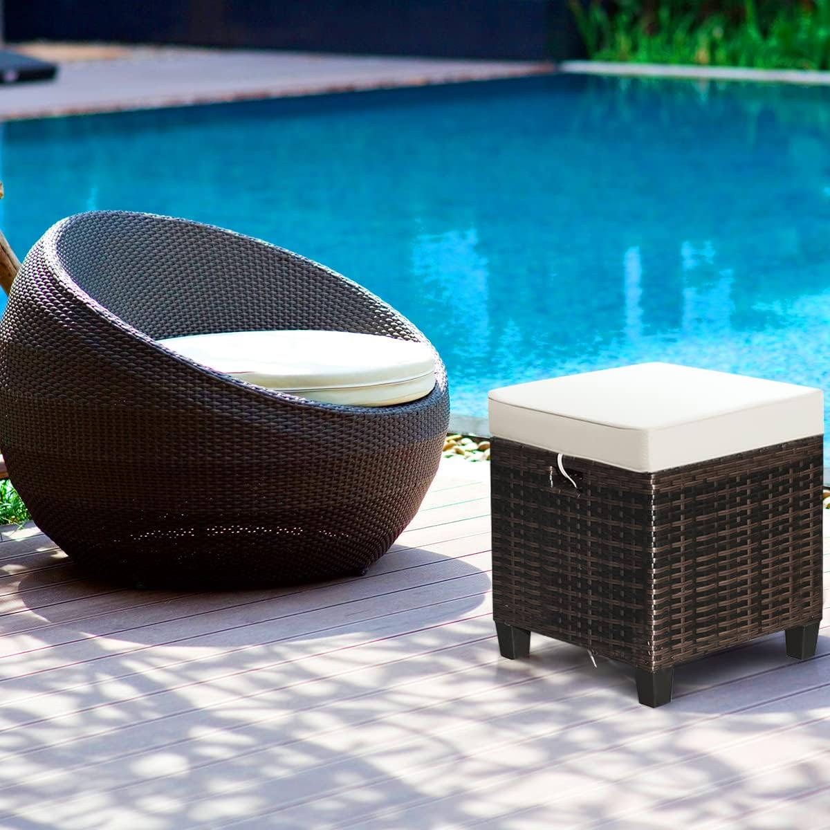 Set of 2 Outdoor Wicker Ottomans, All Weather Rattan Patio Footstool w/Removable Cushions, Patio Rattan Furniture, Extra Footrest Seat for Garden, Patio, Deck, Porch, Poolside (Light Brown)