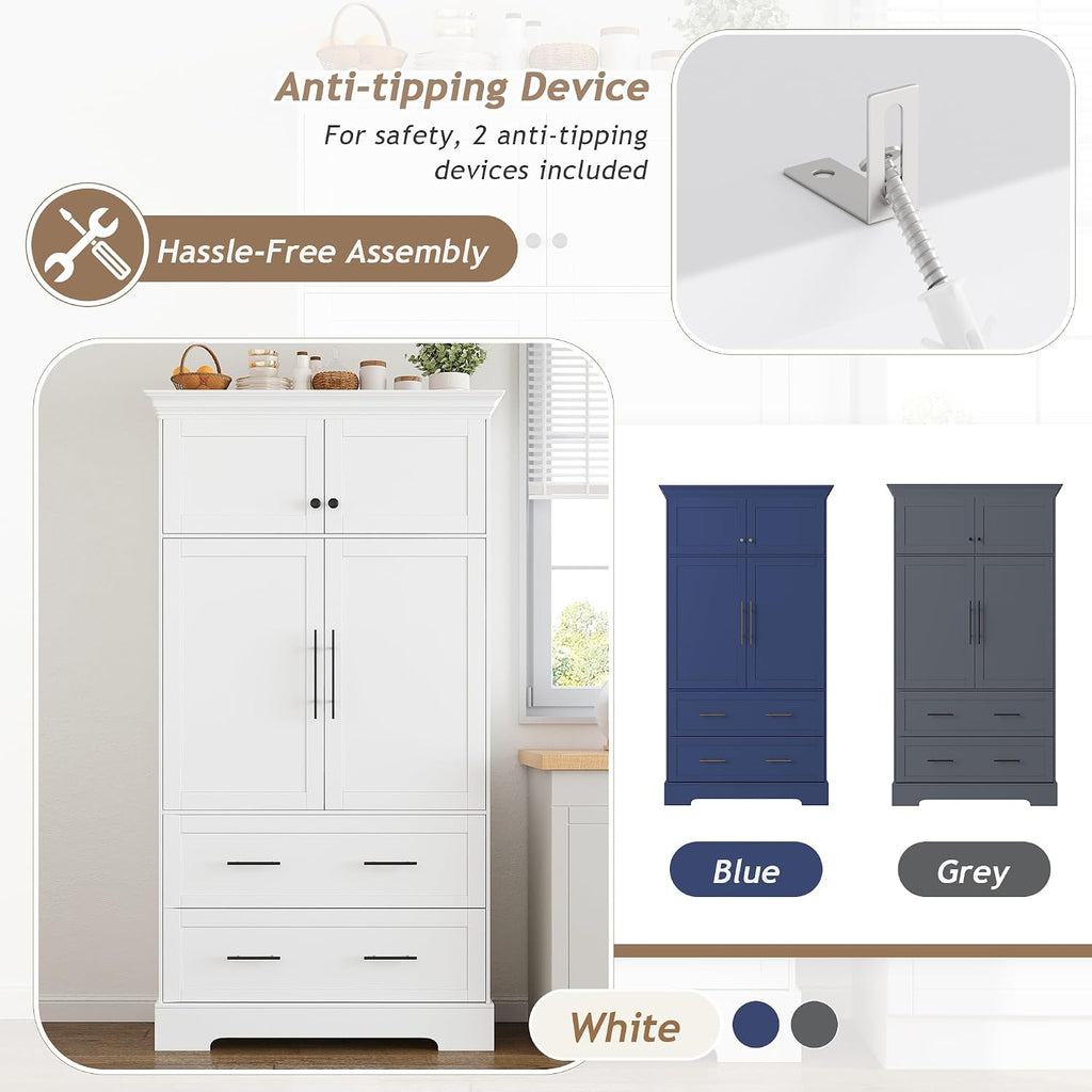 Harper & Bright Designs 72" Tall Farmhouse Kitchen Pantry with 2 Cabinets & 2 Drawers, Modern Storage Cabinet with 3 Pull-Out Trays & 4 Doors, Freestanding Cupboard for Kitchen, Dining Room,White