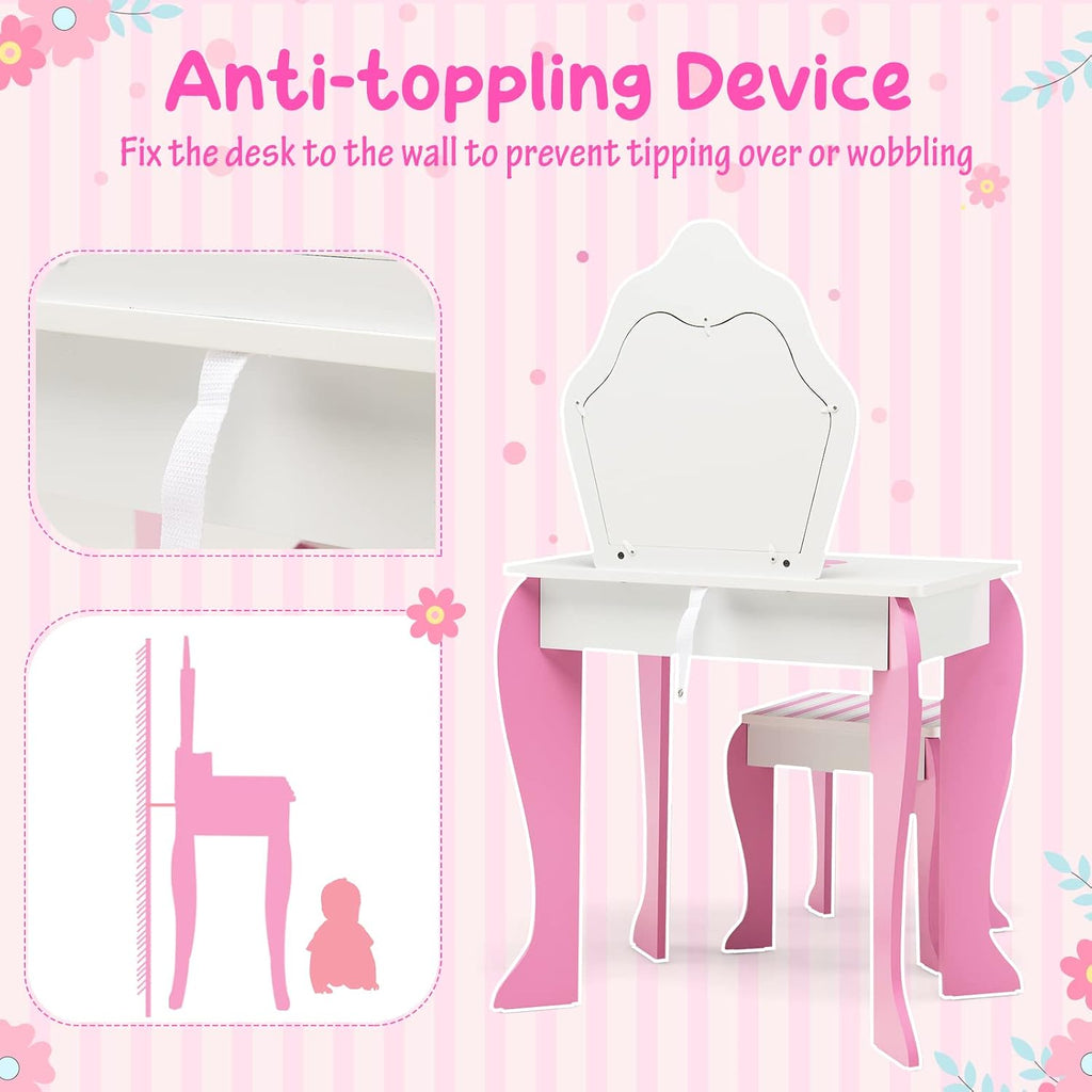 Costzon Kids Vanity, Girls Vanity Set with Mirror and Stool, Storage Drawer, Wooden Princess Makeup Dressing Table, Kids Vanity Table and Chair Set