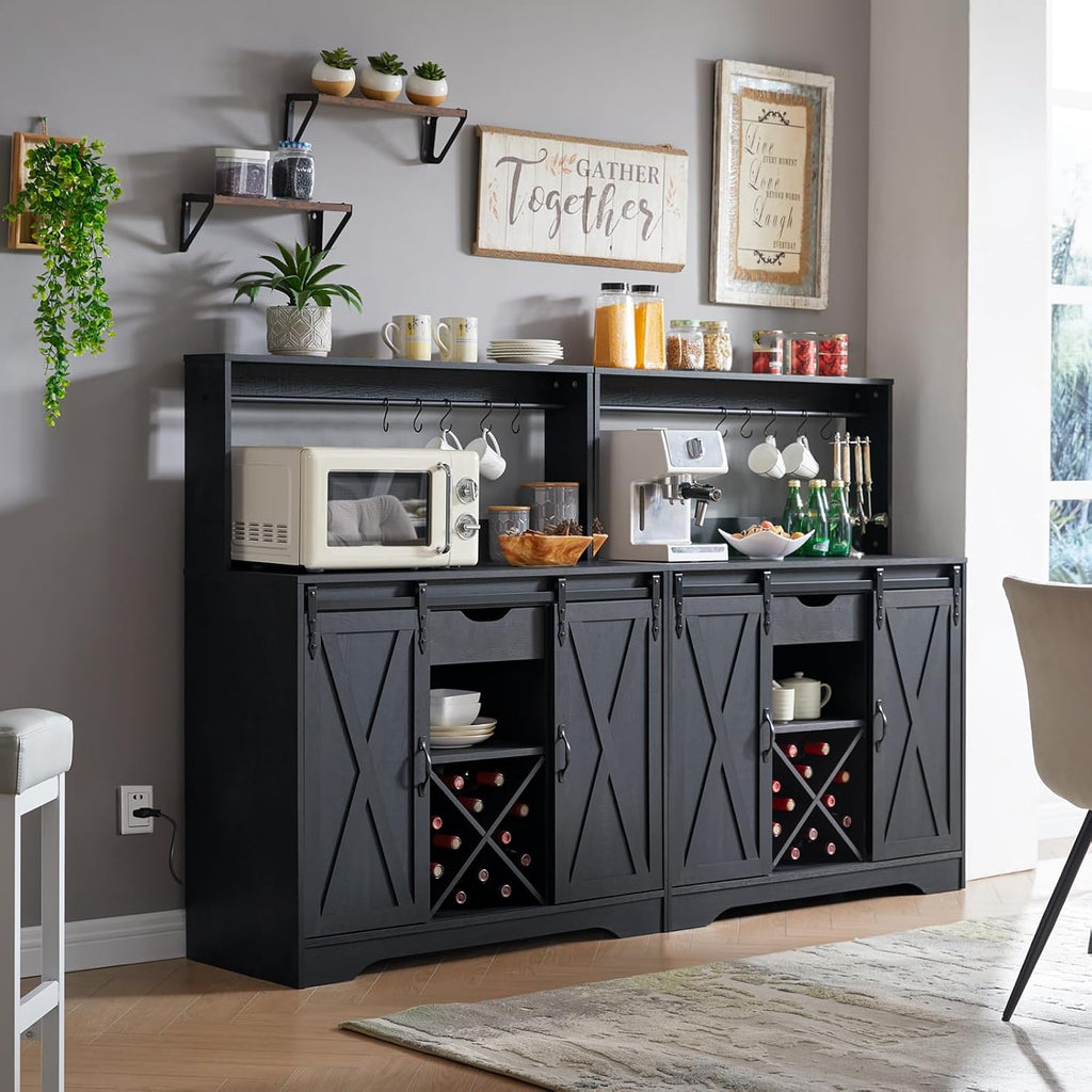 Wnutrees Farmhouse Coffee Bar Cabinet with Charging Station and USB, Black | 39" Kitchen Hutch Sideboard Buffet with Sliding Barn Door, Storage Cabinet for Dining Living Room