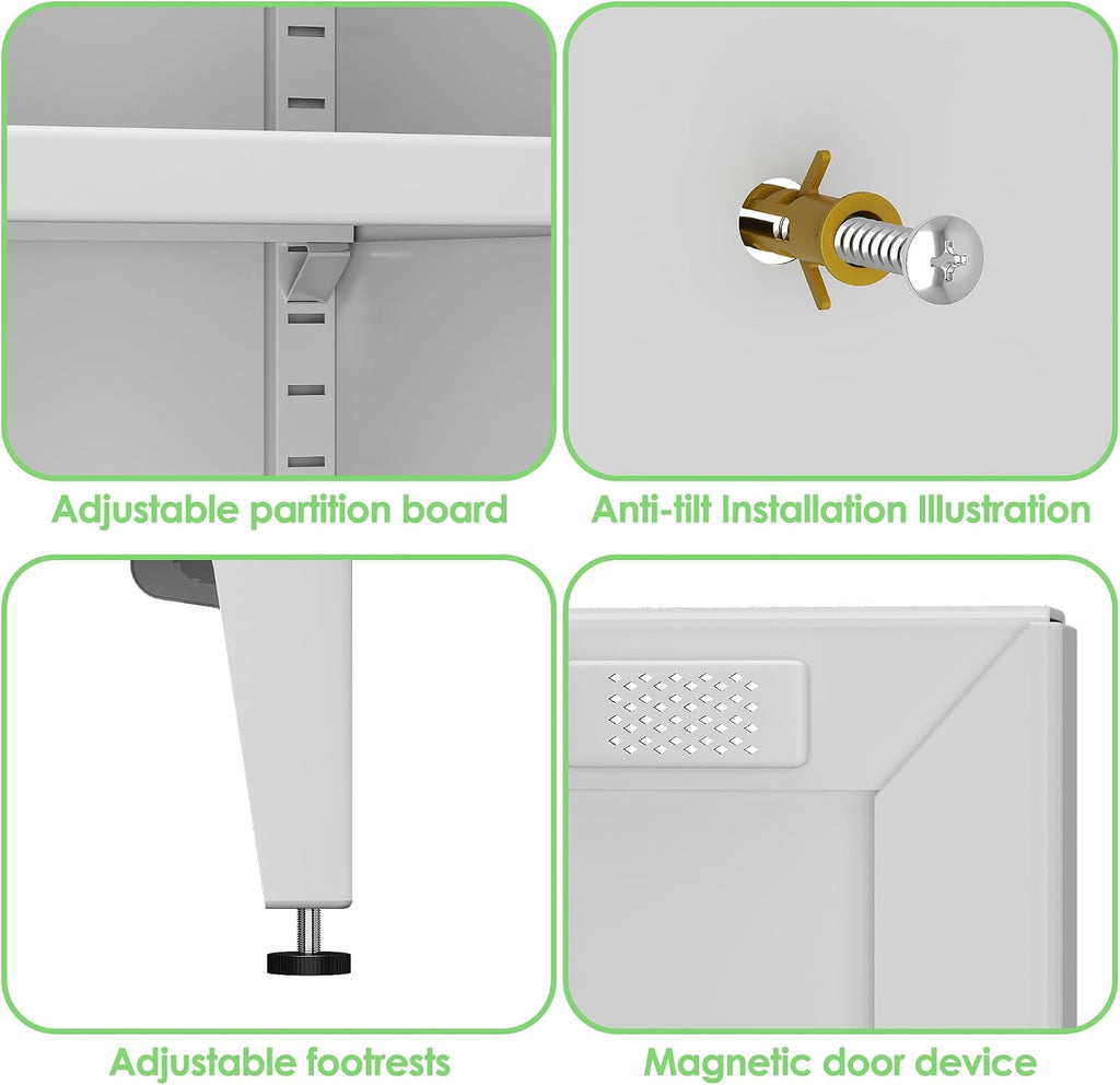 Metal Storage Cabinet with 2 Doors and 4 Adjustable Shelves, Metal Pantry Cabinet for Kitchen Living Room, Required Assembly, White,13.78" D x 27.56" W x 63.58" H