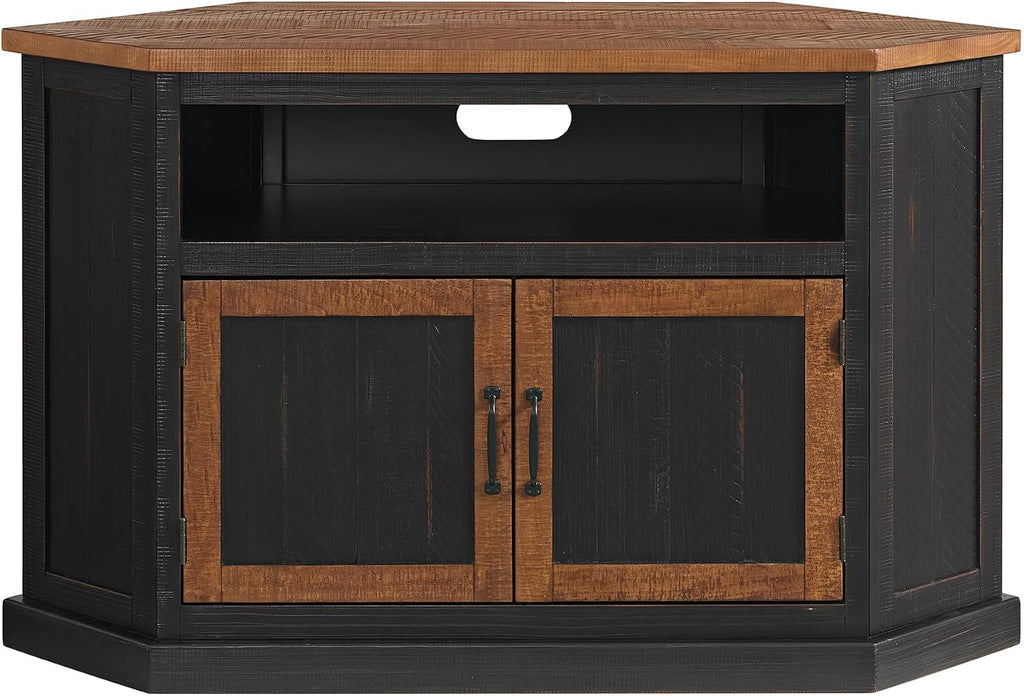 Martin Svensson Home Rustic Corner Solid Wood TV Stand, Black with Honey | Entertainment Center, for TVs up to 55", Two Door Cabinet, Open Storage shelf