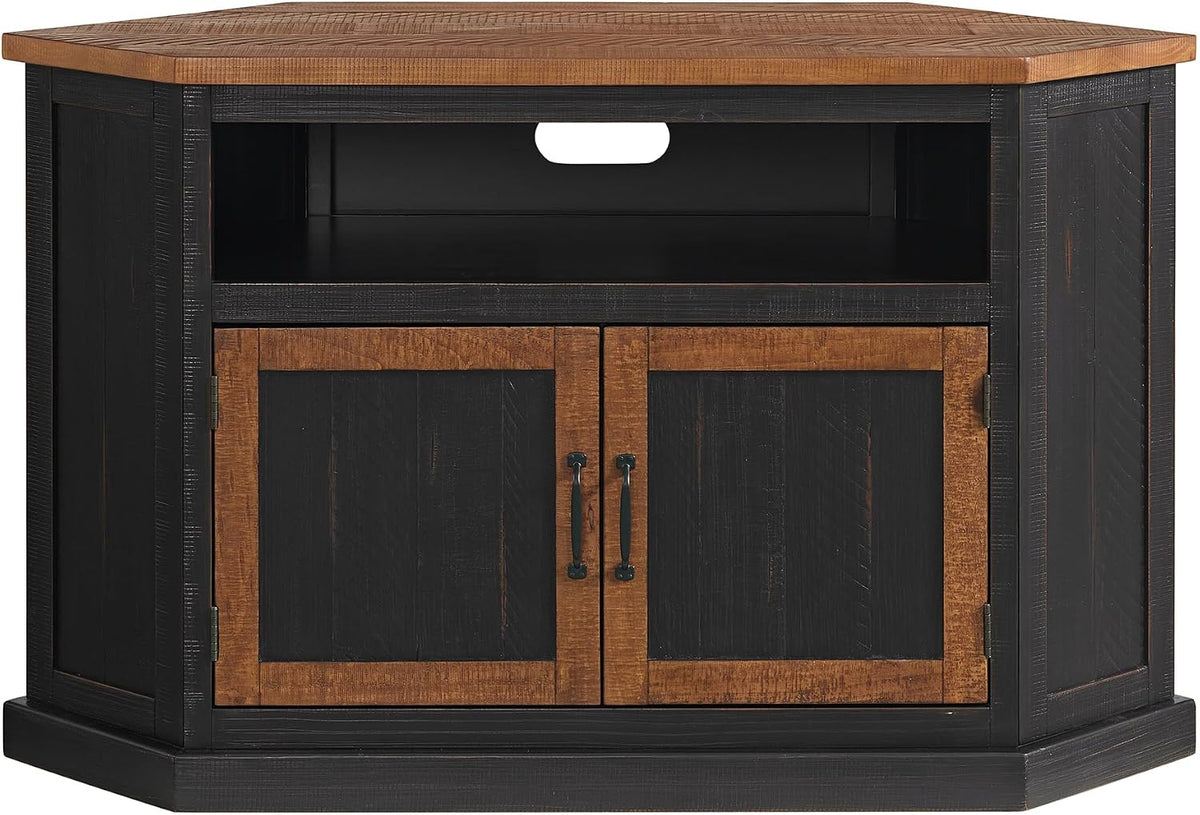 Martin Svensson Home Rustic Corner Solid Wood TV Stand, Black with Honey | Entertainment Center, for TVs up to 55", Two Door Cabinet, Open Storage shelf