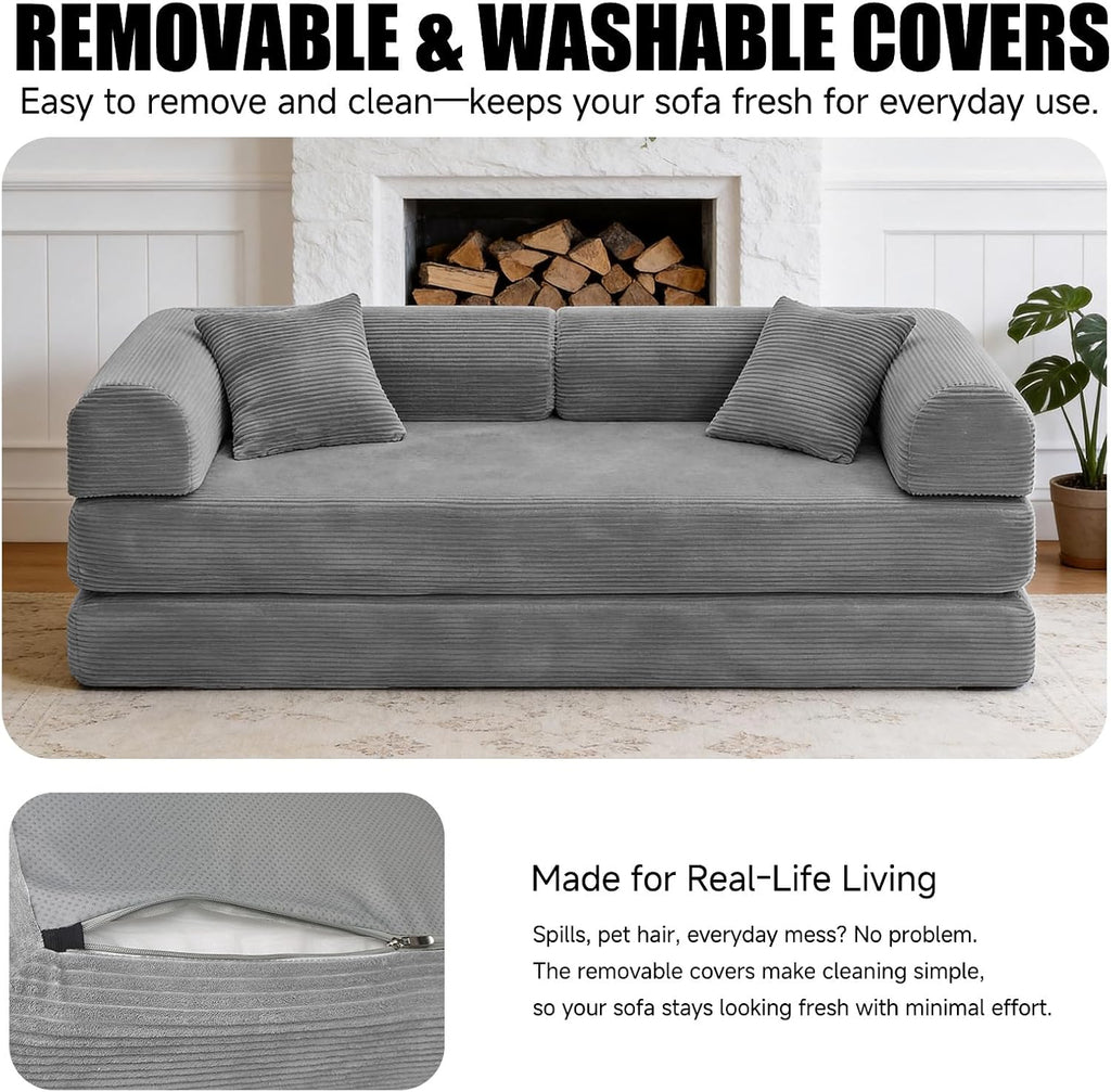 79'' Convertible Sofa Bed, Couch-in-a-Box, Corduroy Floor Futon Loveseat Sleeper, 26'' Deep Seat, Removable Machine-Wash Covers, No Assembly, 2 Pillows, Light Grey