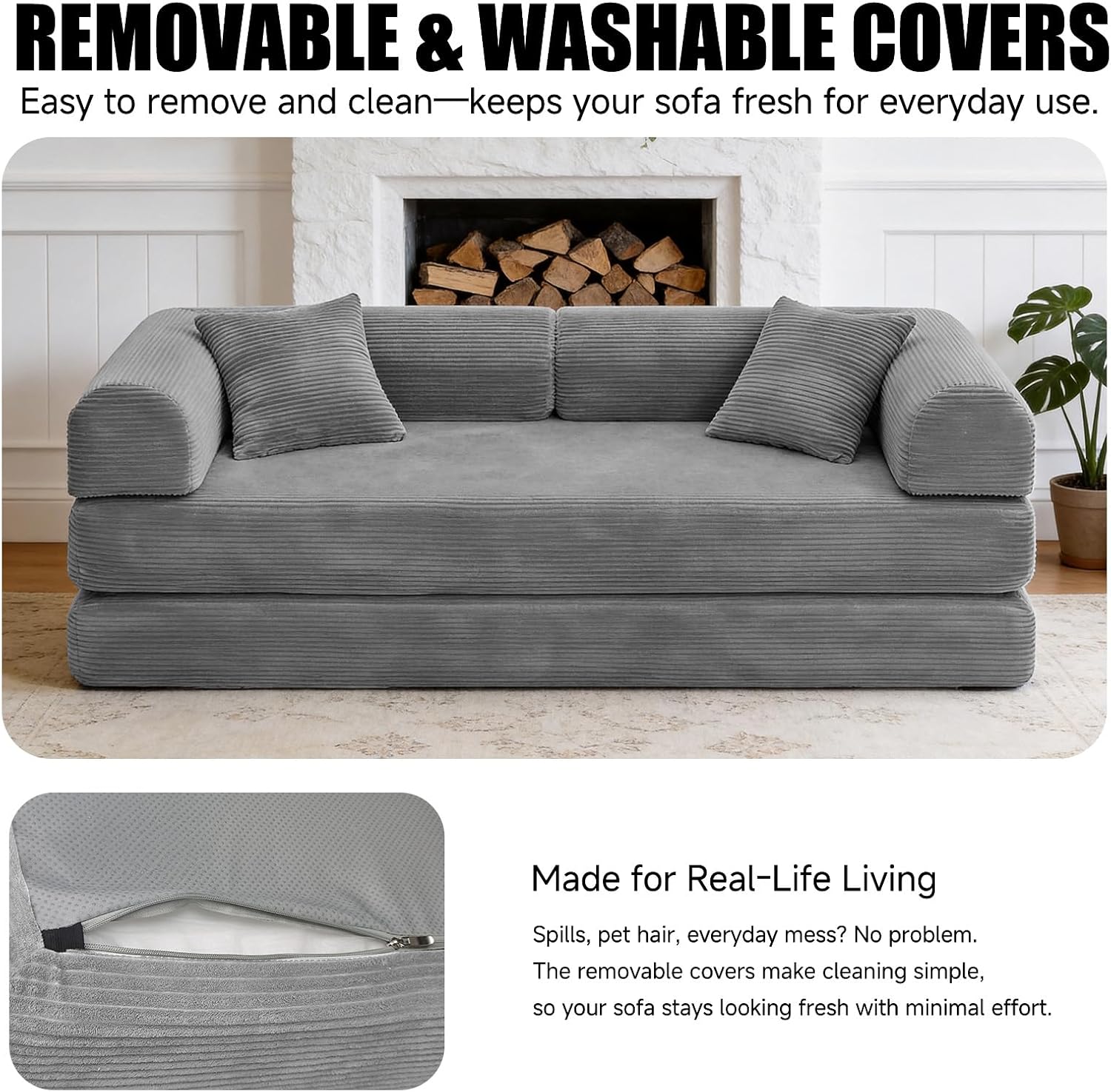 79'' Convertible Sofa Bed, Couch-in-a-Box, Corduroy Floor Futon Loveseat Sleeper, 26'' Deep Seat, Removable Machine-Wash Covers, No Assembly, 2 Pillows, Light Grey