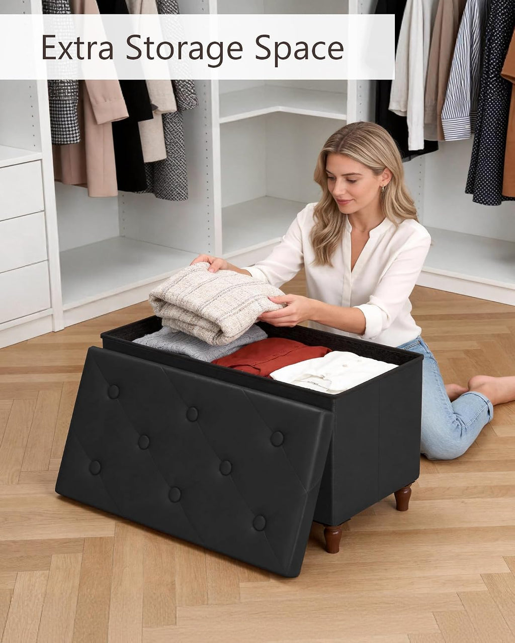 GLAXYFUR 30 Inches Ottoman with Storage, Folding Bench with Legs, Black | Faux Leather Foot Rest, Storage Chest for Living Room, Bedroom and Hallway, Upgrade Large Capacity
