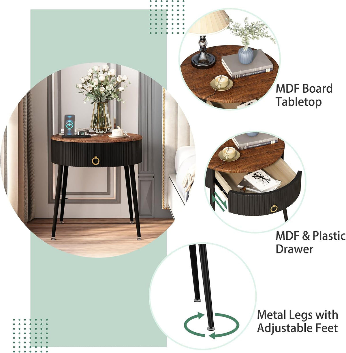 OIOG End Tables Set of 2, Wood Grain Bedside Tables with Drawer, Black