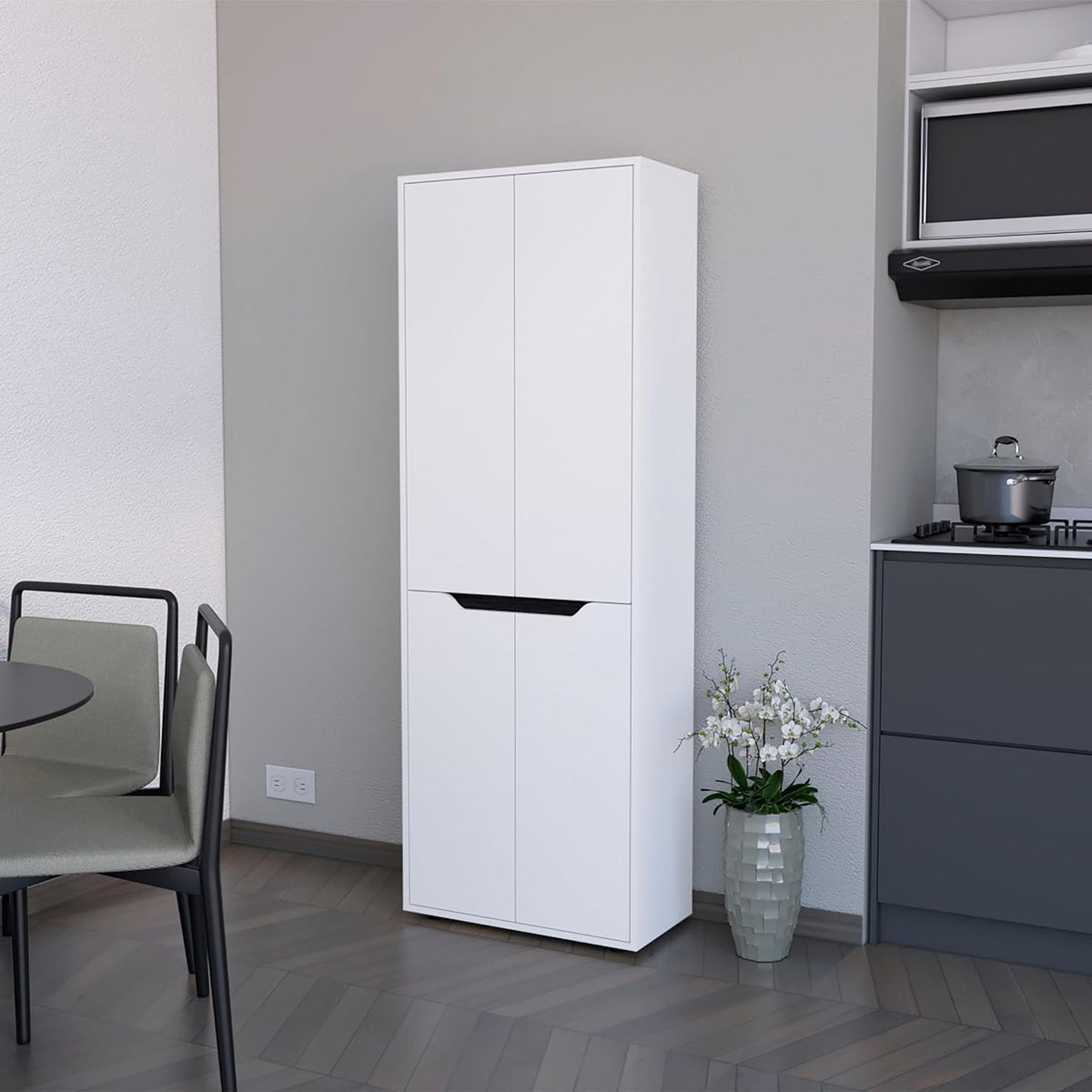 FM FURNITURE Keyser Multistorage Kitchen Pantry with 5 Shelves and 4 Doors, White/Black
