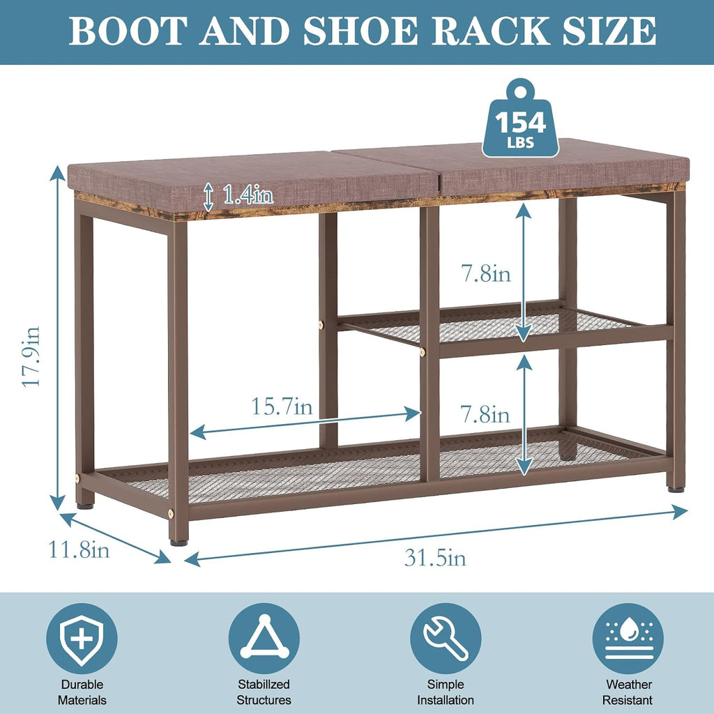 Shoe Rack Bench for Entryway 3-Tier, Free Standing Shoe Racks with Seat Cushion, Narrow Shoe Storage Shelf with Boot Organizer, Shoe Rack for Small Spacesh with Wood Bench (Brown+Brown)