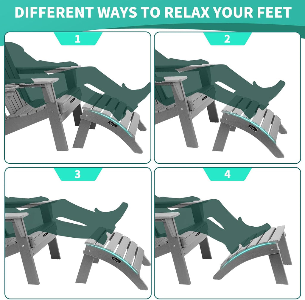 Folding Adirondack Ottoman Set of 2, Outdoor Foot Rest, Patio Footstool | Portable, HDPE All Weather, Easy Storage, No Rot or Rust or Crack, Fade Shield, Save Space, Easy-Clean for Indoor or Outdoor