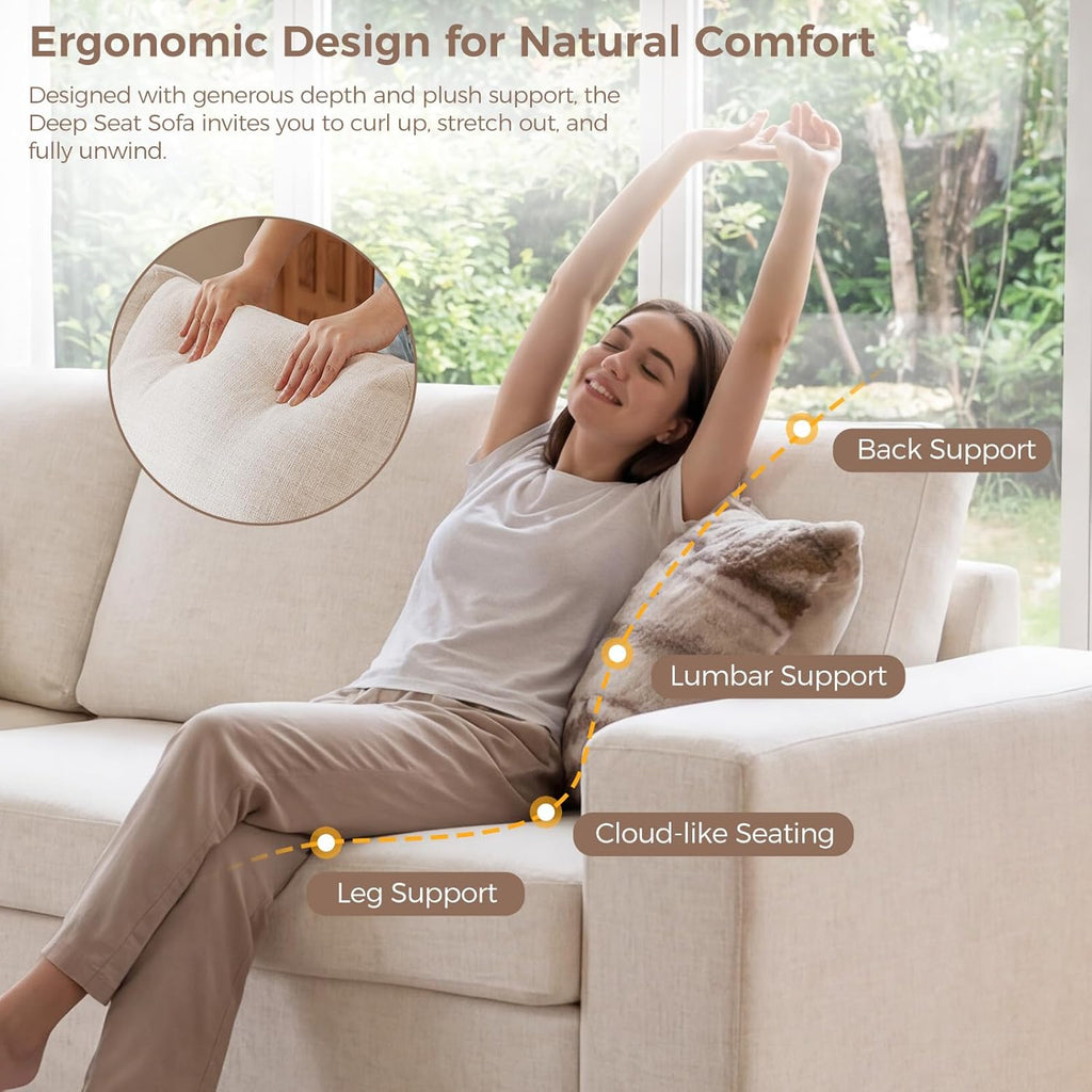 ELUCHANG 85" Modern Couches for Living Room, Natural Linen 3 Seat Sofa, Comfy Deep Seat Sofa, Spring Cushions, Removable Cover, Solid Wood Frame, Easy Assembly Loveseat for Small Space,Apartment,Beige