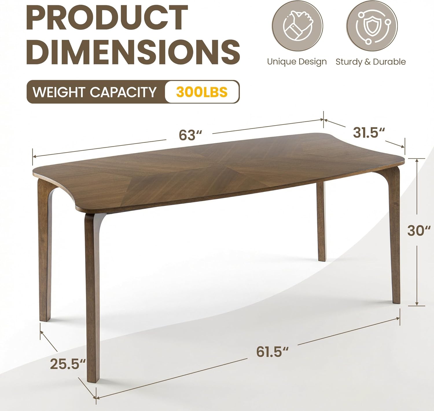 HNY Modern Curved Edge Dining Table, 63" Solid Wood Kitchen Table with Herringbone Pattern Mid-Century Rectangular Dinner Table for 6-8 People, Walnut Color Finish