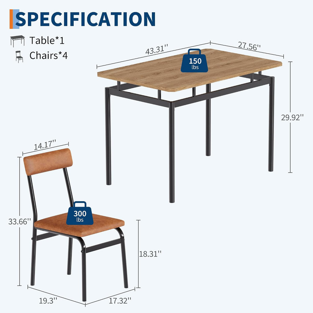 Garvee Dining Table Set for 4, 5 Piece Wooden Dining Table and Chairs, 4 PU Upholstered Chair, Modern Metal Frame Dinette Set for Dining Room, Home Dinner, Party, Apartment, Brown