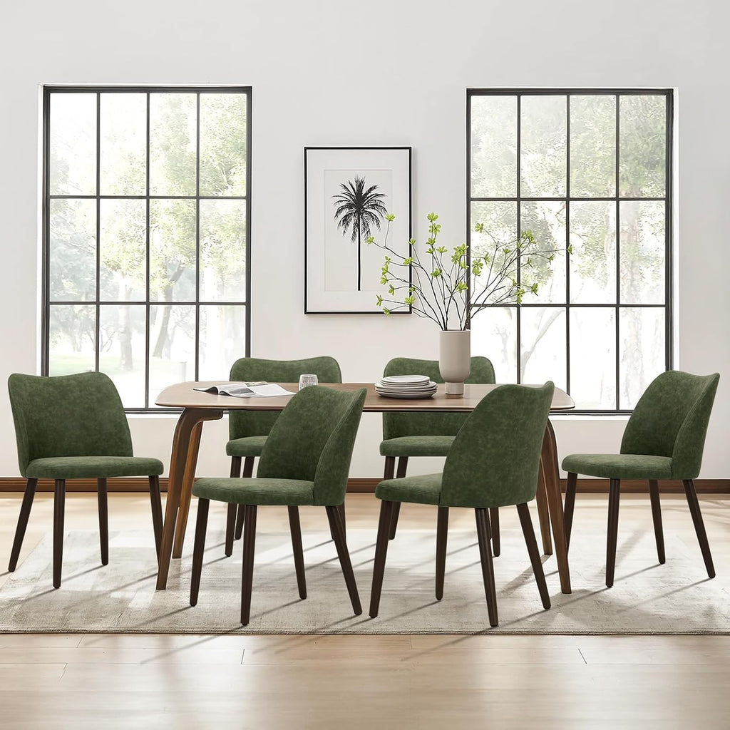 COLAMY Upholstered Dining Chairs Set of 6, Modern PU Leather Dining Room Kitchen Side Chair with Padded Seat and Wood Legs Restaurant/Cafe, Green
