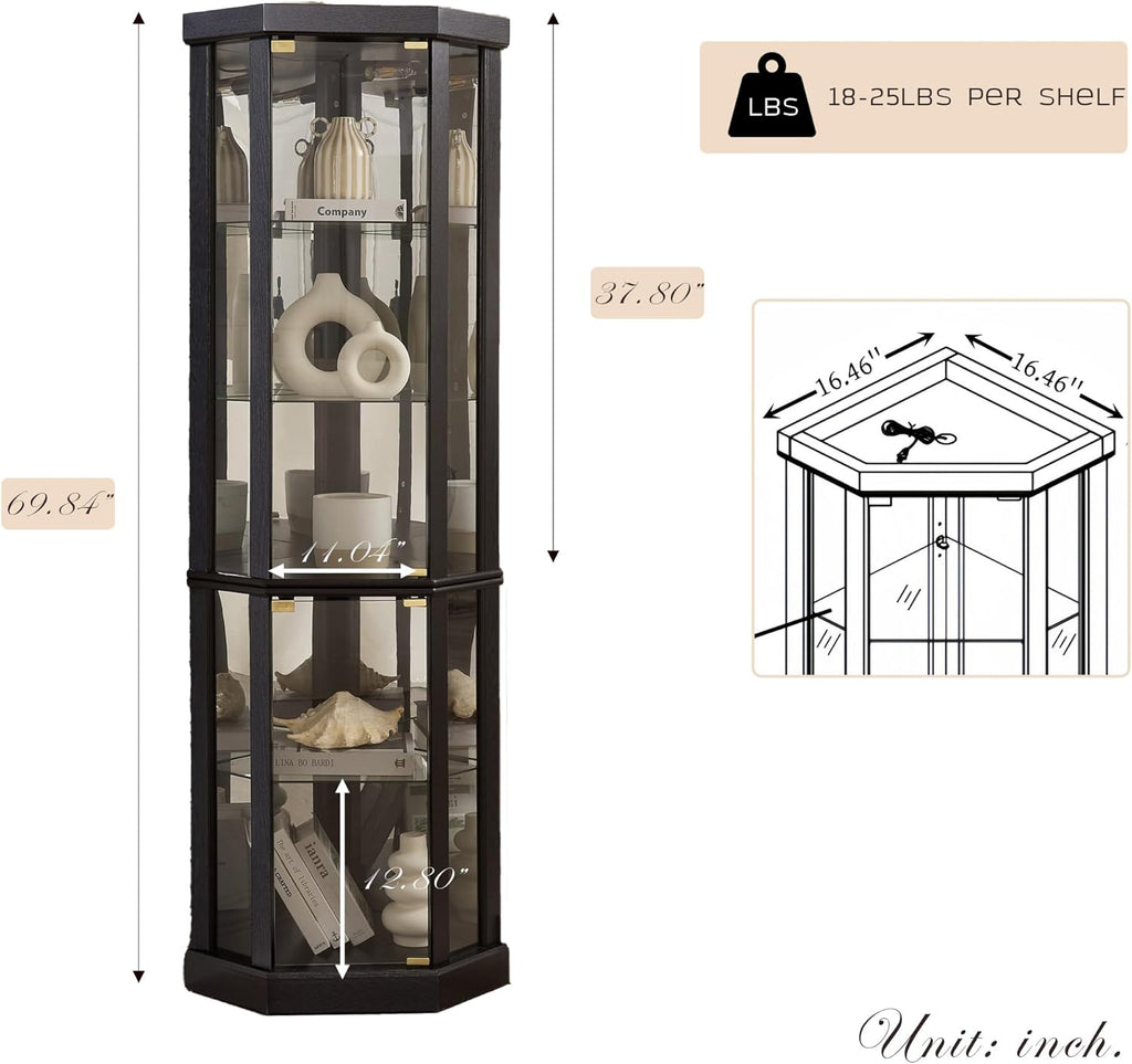 Corner Curio Cabinet, 70" H Lighted Glass Display Cage with Tempered Glass Doors and 5 Adjustable Shelves, Light Bulb Inclued, Wine Bar China Cabinet for Living Room (Black)