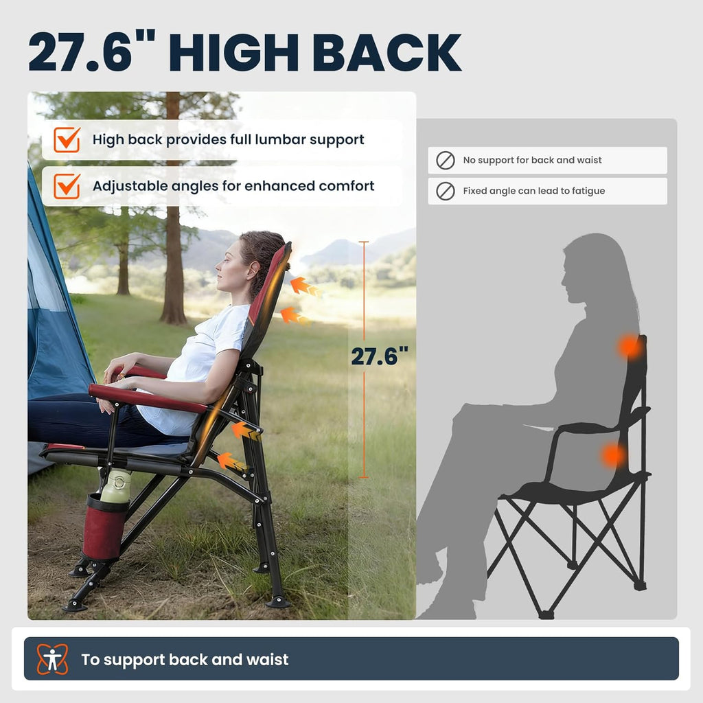 Overmont Camping Chair with Lumbar Support for Adults - Oversized with High Back Supports 450 LBS - Heavy Duty Folding Chair Portable for Outdoor Lawn Patio Balcony with Patent No.: US D1.028.543 S