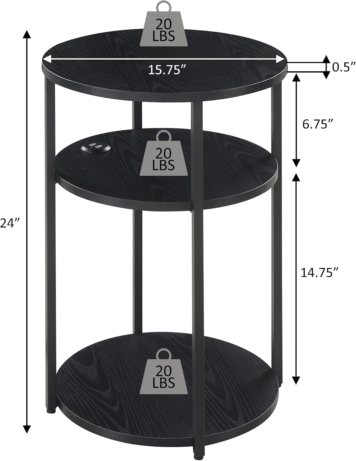 Convenience Concepts Simon End Table with USB Ports 15.75" – Modern 3-Tier Round Side Table with Storage Shelves for Family Room, Industrial Style Table with Charging Station, Weathered White, Black