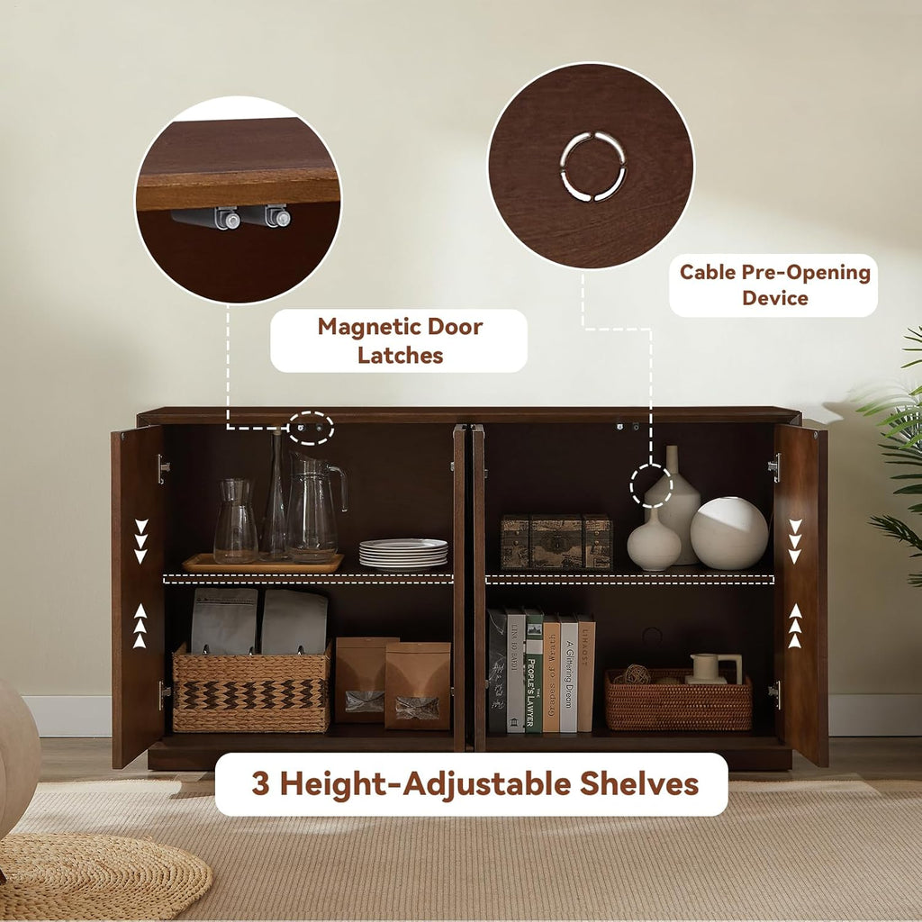 LKTART 59" Sideboard Buffet Cabinet Retro Accent Storage Cabinet with Magnetic Door Latches Adjustable Shelf for Living Room Kitchen(Walnut)