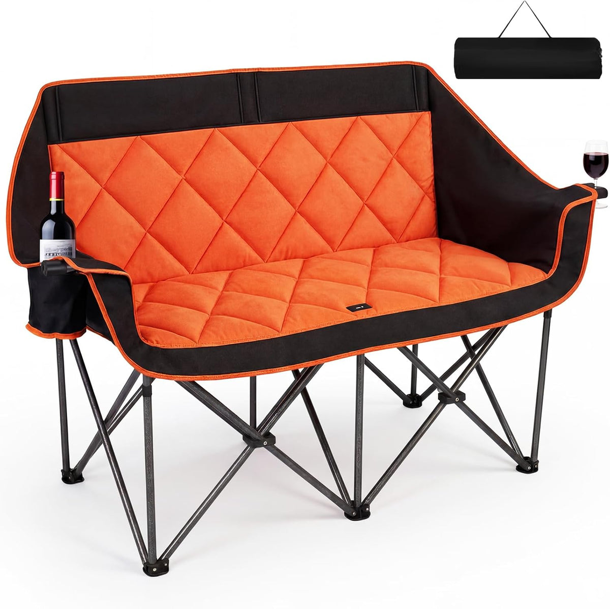 Romswi Double Camping Chair,2 Person Camping Chair Oversized Folding Loveseat,Heavy Duty Camping Couch & Outdoor Sofa with Cup Holders,Supports 750LBS Orange