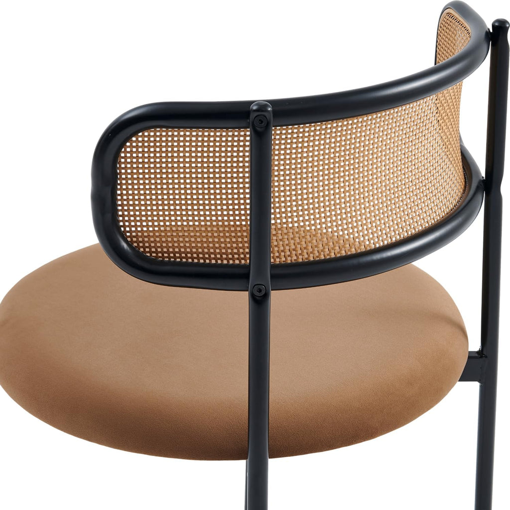Rattan Dining Chairs Set of 6, Kitchen Chairs with Curved Cane Backrest &Metal Legs, Modern Dining Room Chair, Round Upholstered Sherpa Chair for Living Room, Brown