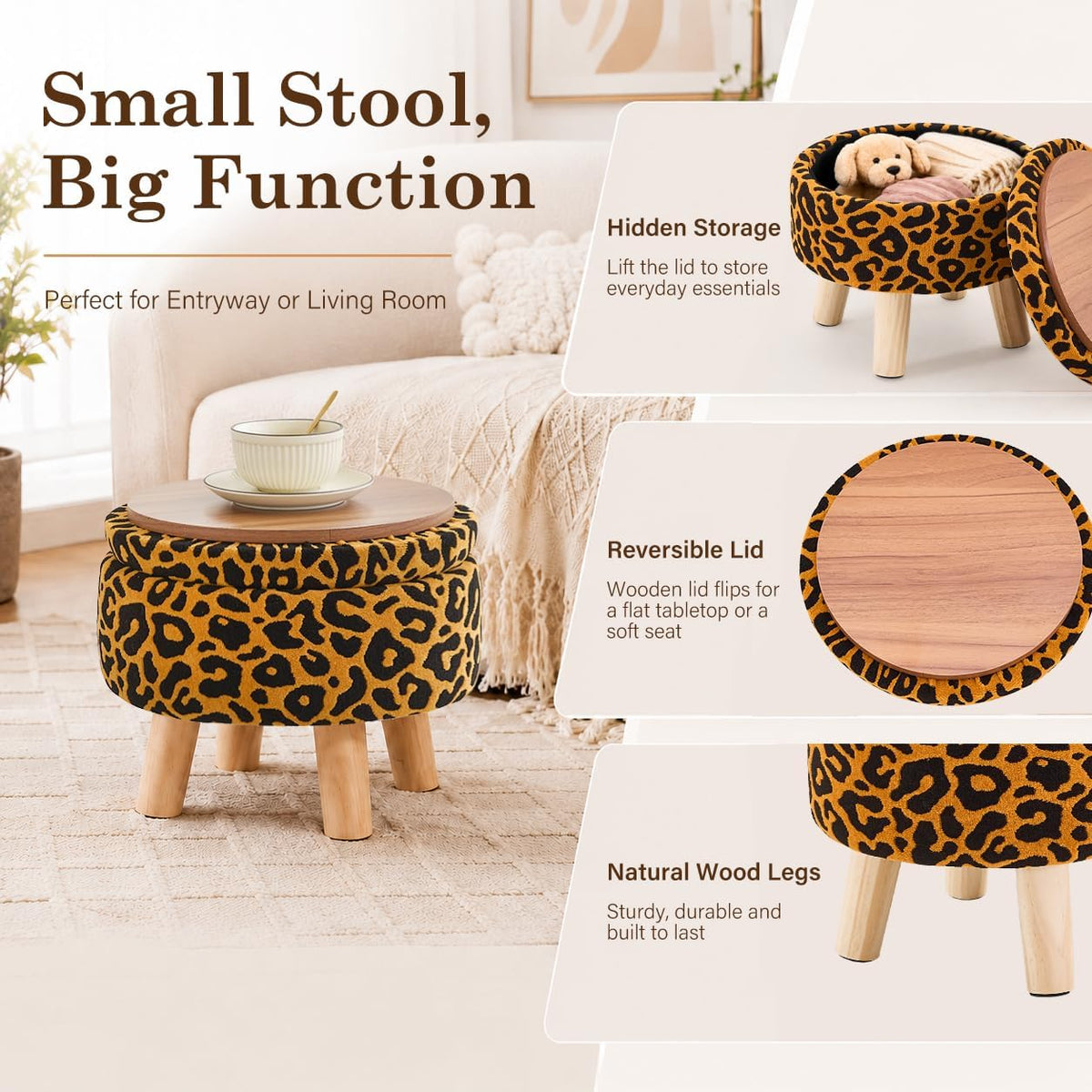 Wimarsbon Storage Ottoman, Modern Round Footrest with Soft Padded Seat, Pattern Velvet Footstool with Wood Legs, Accent Small Table or Plant Stand for Hallway, Living Room (Orange)