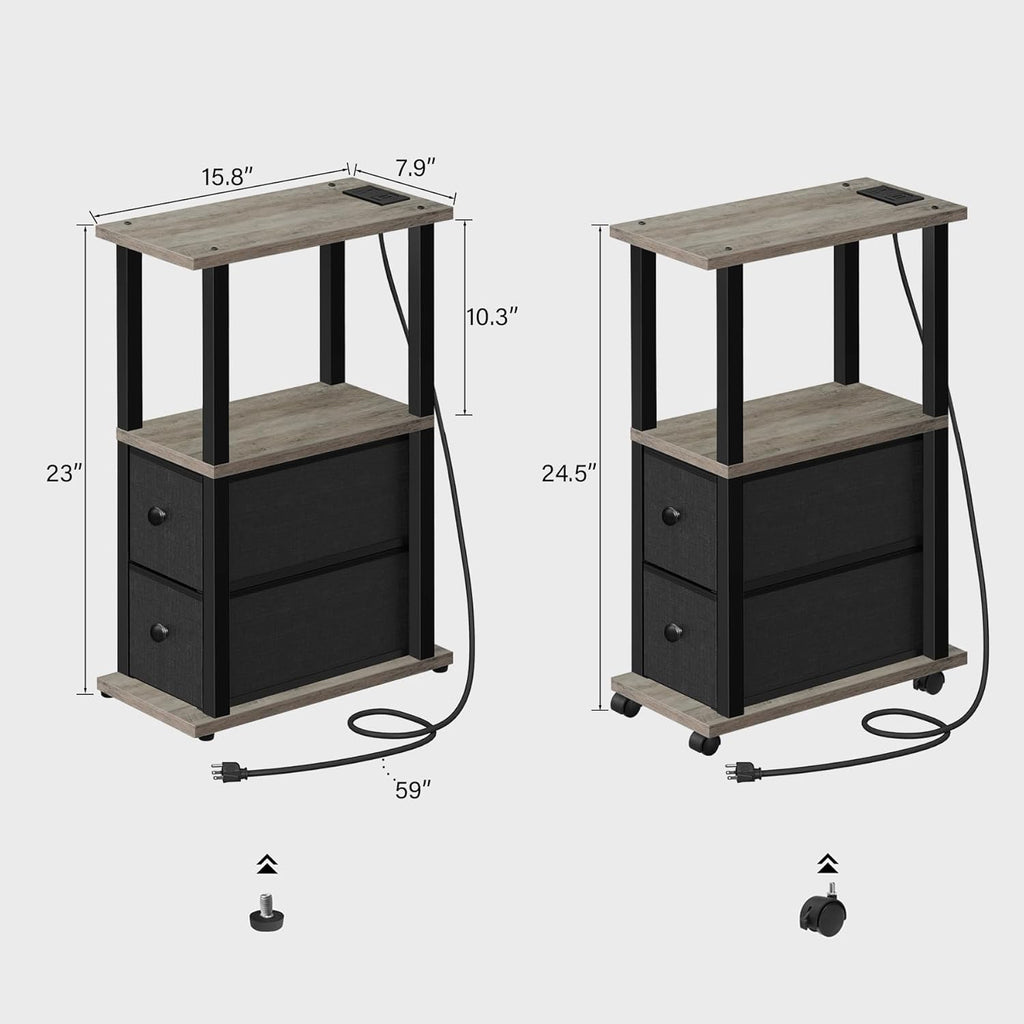 TUTOTAK Small Narrow End Tables, LED Side Tables with 2 Fabric Drawers, Set of 2, Bedside Tables with Charging Station for Small Spaces, Slim Nightstands with USB Ports and Wheels, TB01BG053L