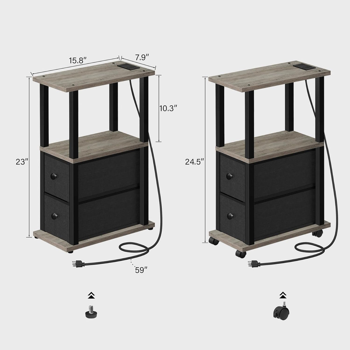 TUTOTAK Small Narrow End Tables, LED Side Tables with 2 Fabric Drawers, Set of 2, Bedside Tables with Charging Station for Small Spaces, Slim Nightstands with USB Ports and Wheels, TB01BG053L