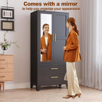 RIETERN Metal Armoire Wardrobe Closet, 71" Tall Bedroom Closet with Mirror, 2 Drawers, Adjustable Shelves, and Hanging Rod, Steel Clothes Closets and Storage, for Bedroom Black