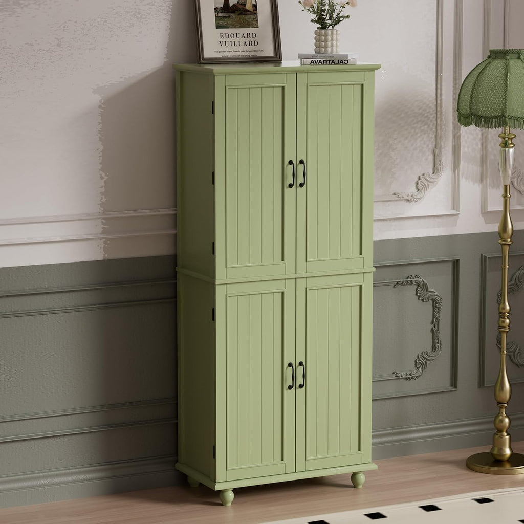 Scurrty Kitchen Pantry Cabinet, 69'' Pantry Storage Cabinet with 4 Doors and Shelves, Farmhouse Kitchen Cabinet with 3 Drawers, Freestanding Wooden Cupboard for Living Room and Dinning Room (Green)