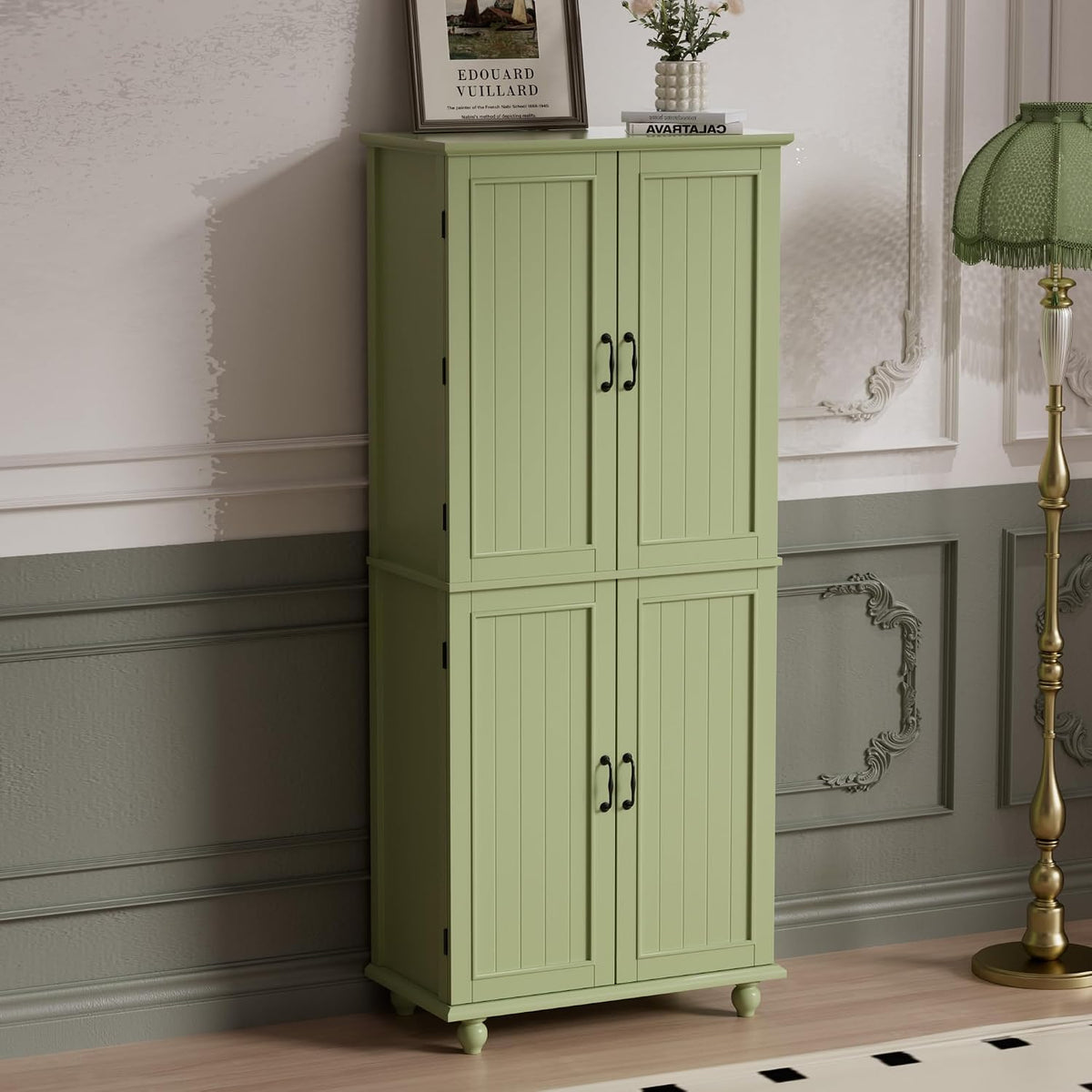 Scurrty Kitchen Pantry Cabinet, 69'' Pantry Storage Cabinet with 4 Doors and Shelves, Farmhouse Kitchen Cabinet with 3 Drawers, Freestanding Wooden Cupboard for Living Room and Dinning Room (Green)