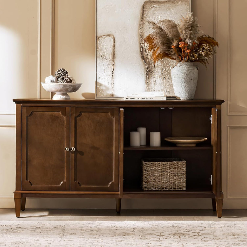 HULALA HOME Mid-Century Modern Sideboard Cabinet, 4-Door Storage Buffet, 58" W x 15.75" D x 32.2" H, Adjustable Shelves, Solid Rubberwood Legs(Walnut)