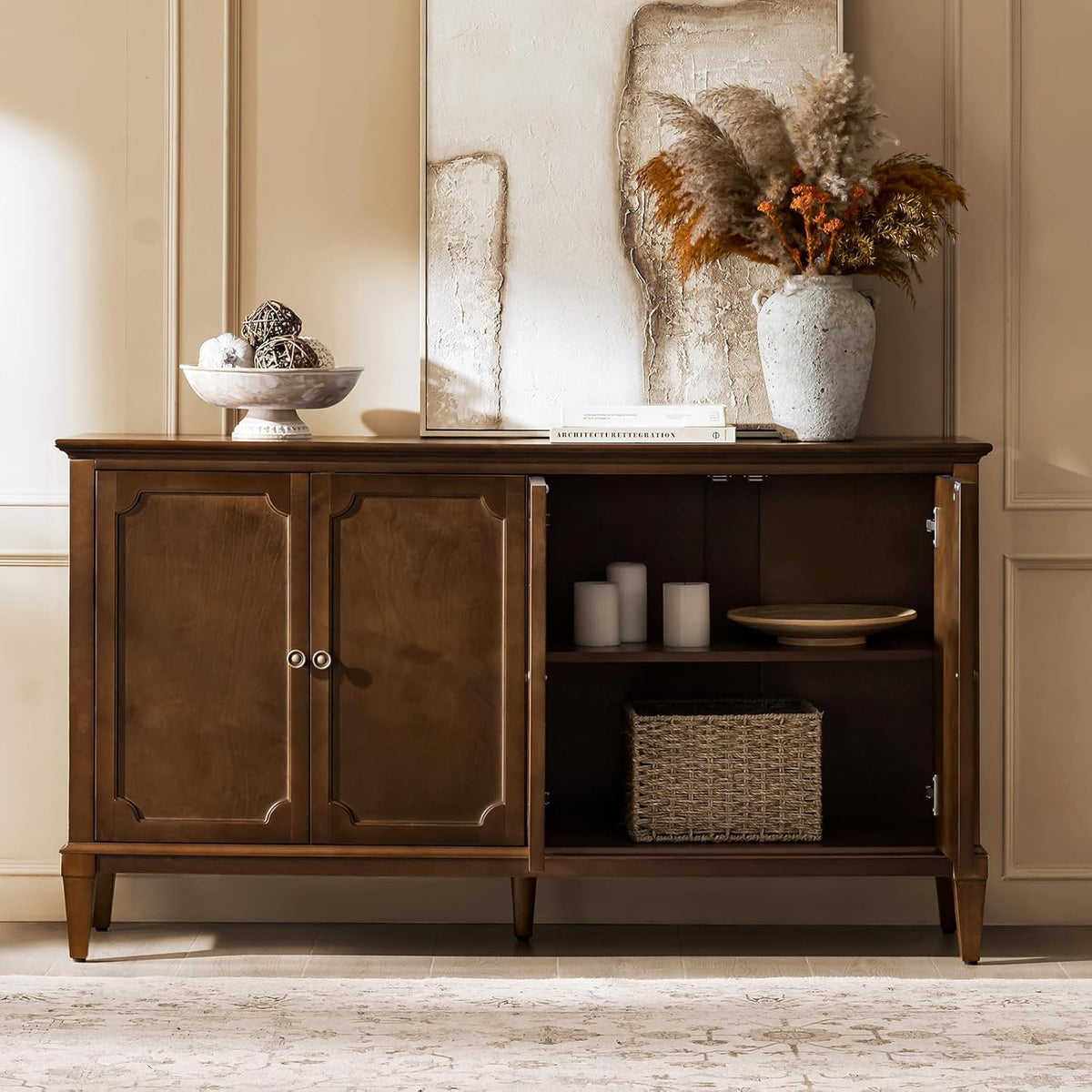 HULALA HOME Mid-Century Modern Sideboard Cabinet, 4-Door Storage Buffet, 58" W x 15.75" D x 32.2" H, Adjustable Shelves, Solid Rubberwood Legs(Walnut)