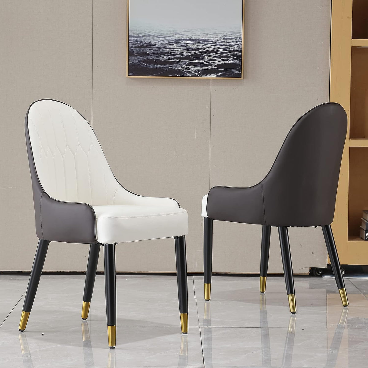 Modern Dining Chairs Set of 2, PU Cushion Accent Side Leisure Chairs with Mid Back, Upholstered Kitchen Chairs with Metal Legs for Living Room, Dining Room