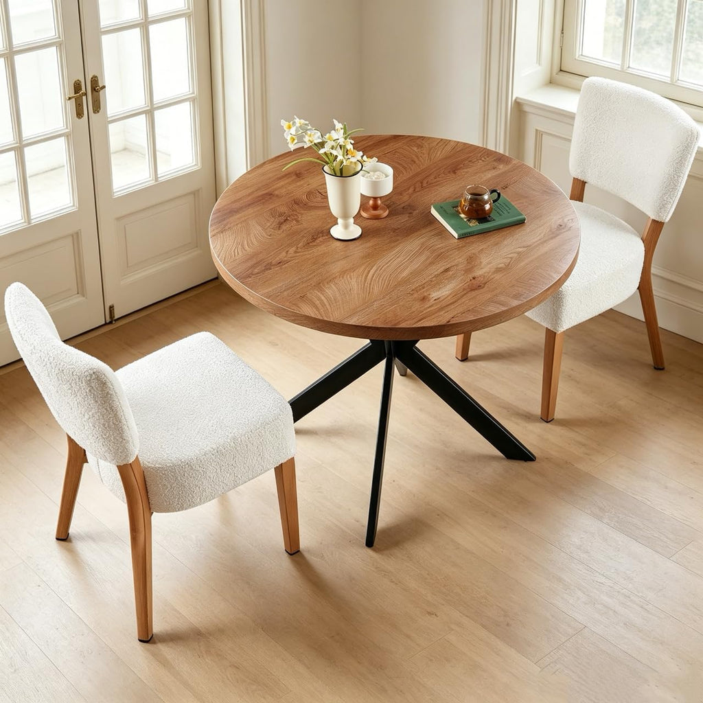 3-Piece Round Table & Chair Set, Space Saving Kitchen Breakfast Nook Walnut Wood Grain Tabletop with Metal Frame and 2 Stackable Dining Chairs for Kitchen, Dining Room, White