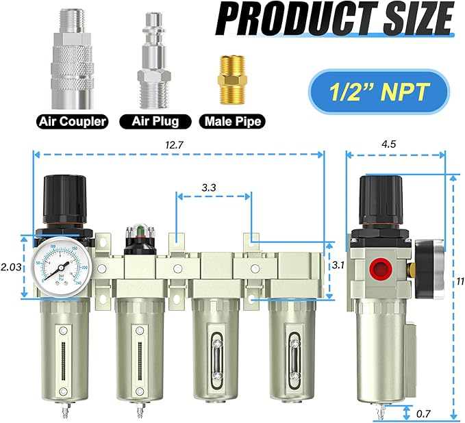 4 Stage Heavy Duty Industrial Grade 3/4" NPT Air Drying System For Plasma Cutter and Paint Spray, Coalescing Filter,Particulate Filter,Double Desiccant Dryer and Air Regulator,Manual Drain