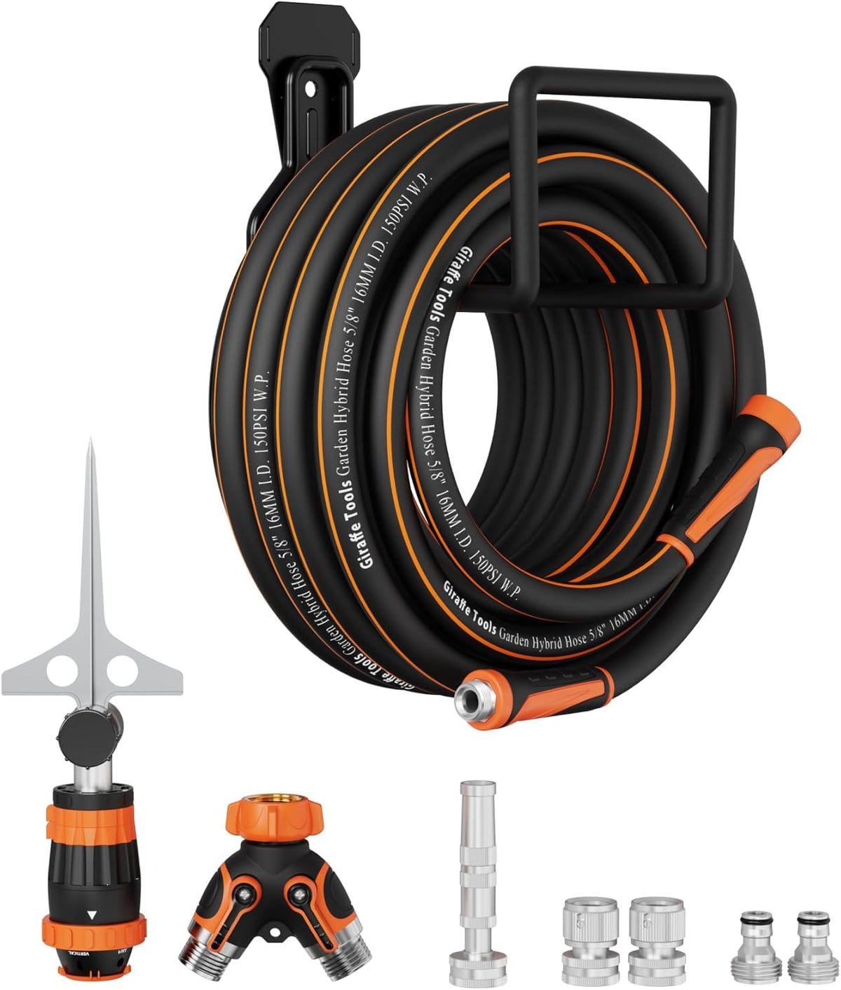 Giraffe Tools Garden Hose 50ft x 5/8", Water Hose Heavy Duty, Flexible with Hose Splitter, Nozzle and Yard Sprinkler, Lightweight Hybrid Hose with Swivel Handle, Male to Female Fittings, Burst 600 PSI