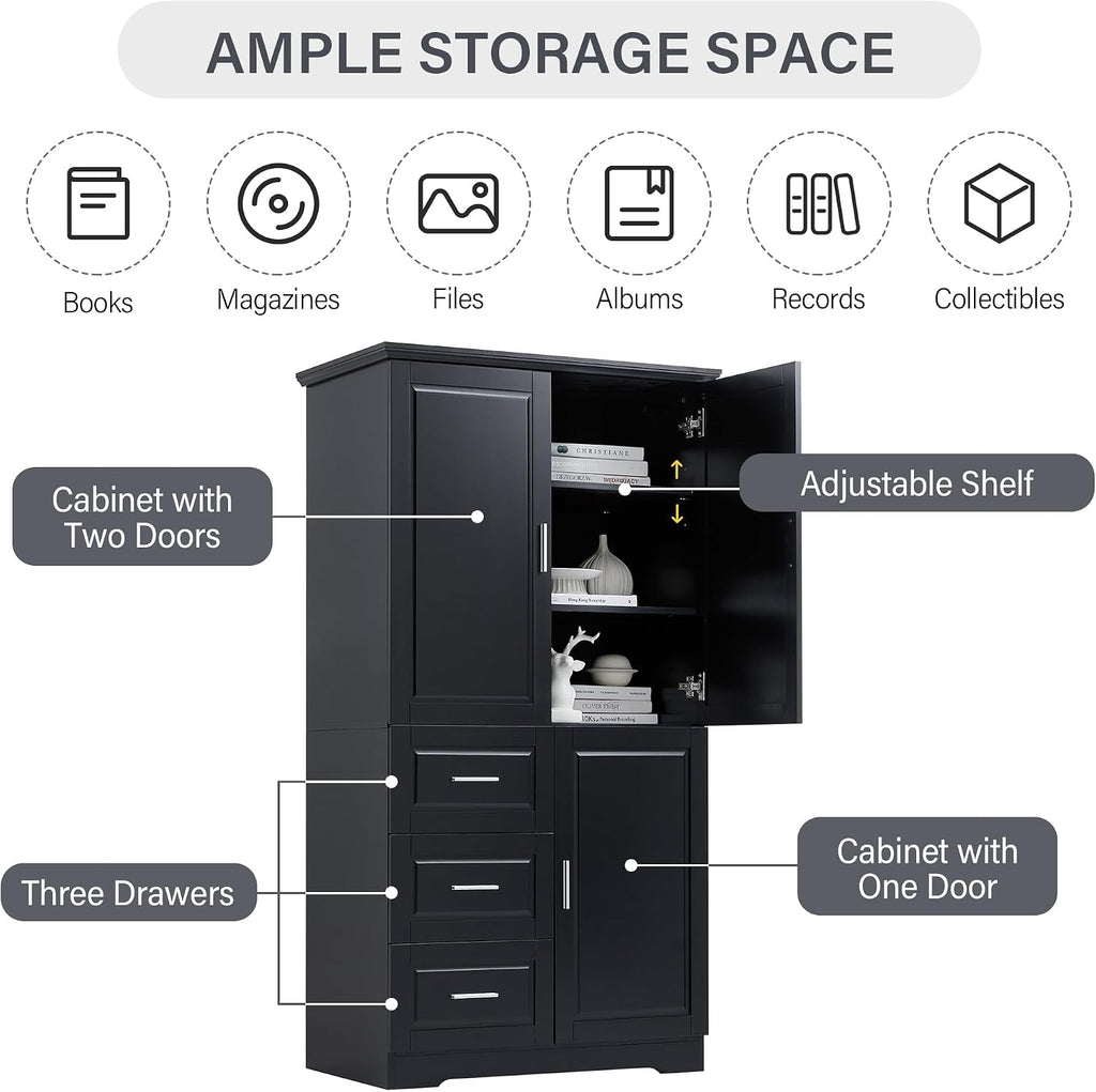 Merax 62.2" Pantry Cabinet with Three Doors & Three Drawers, Adjustable Shelves Storage Cupboard for Kitchen/Dining Room/Bathroom, Black