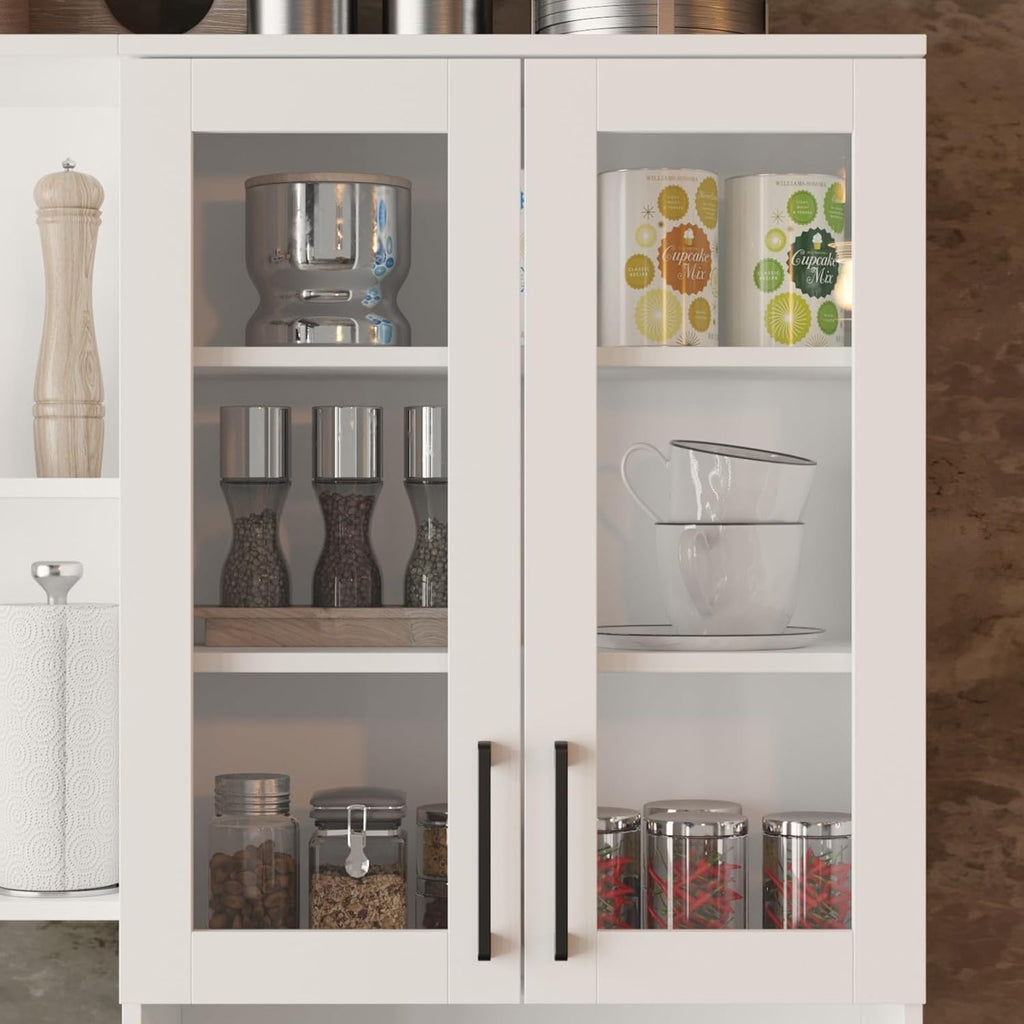 Kitchen Storage Cabinet with Glass Doors & Shelves, Kitchen Pantry with 12 Drawers, for Dining Room, White 94.5”W x 15.8”D x 83.3”H