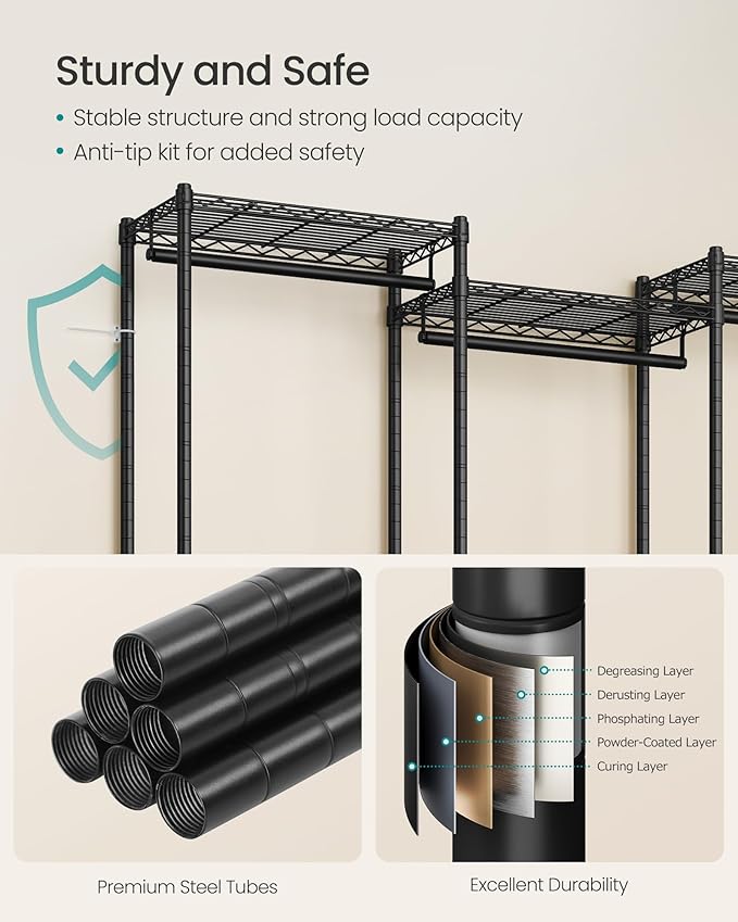 SONGMICS Heavy-Duty Clothes Rack, Garment Rack, Portable Closet, 68.7-Inch Wide Clothing Rack with Adjustable Mesh Shelves and Hanging Rails, Ink Black ULGR433B01