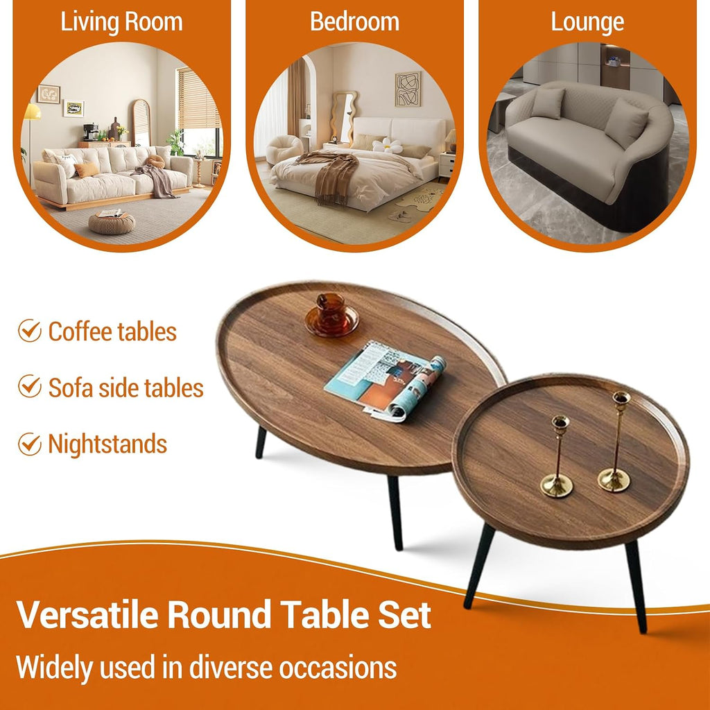 Nesting Coffee Table Set of 2-Mid Century Modern Guitar Pick Stacking Tables with Solid Wood Legs-Waterproof Circle Center Table for Living Room Bedroom Balcony