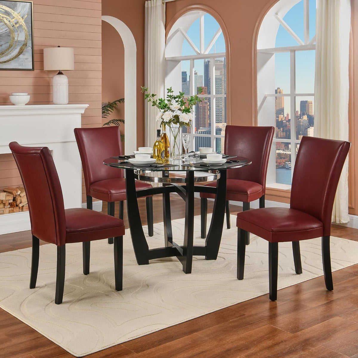 Set of 2 Retro Dining Chairs, Upholstered Parsons Chairs with Wooden Legs & Faux Leather, Perfect for Kitchen, Dining Room & Café, Wine Red