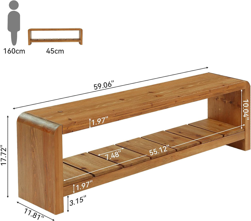 Solid Wood Entryway Bench with Shoe Storage, 59.06-Inch Long Shoe Bench with Open Shelf, Farmhouse End of Bed Seating for Hallway, Foyer, Bedroom, Walnut Brown