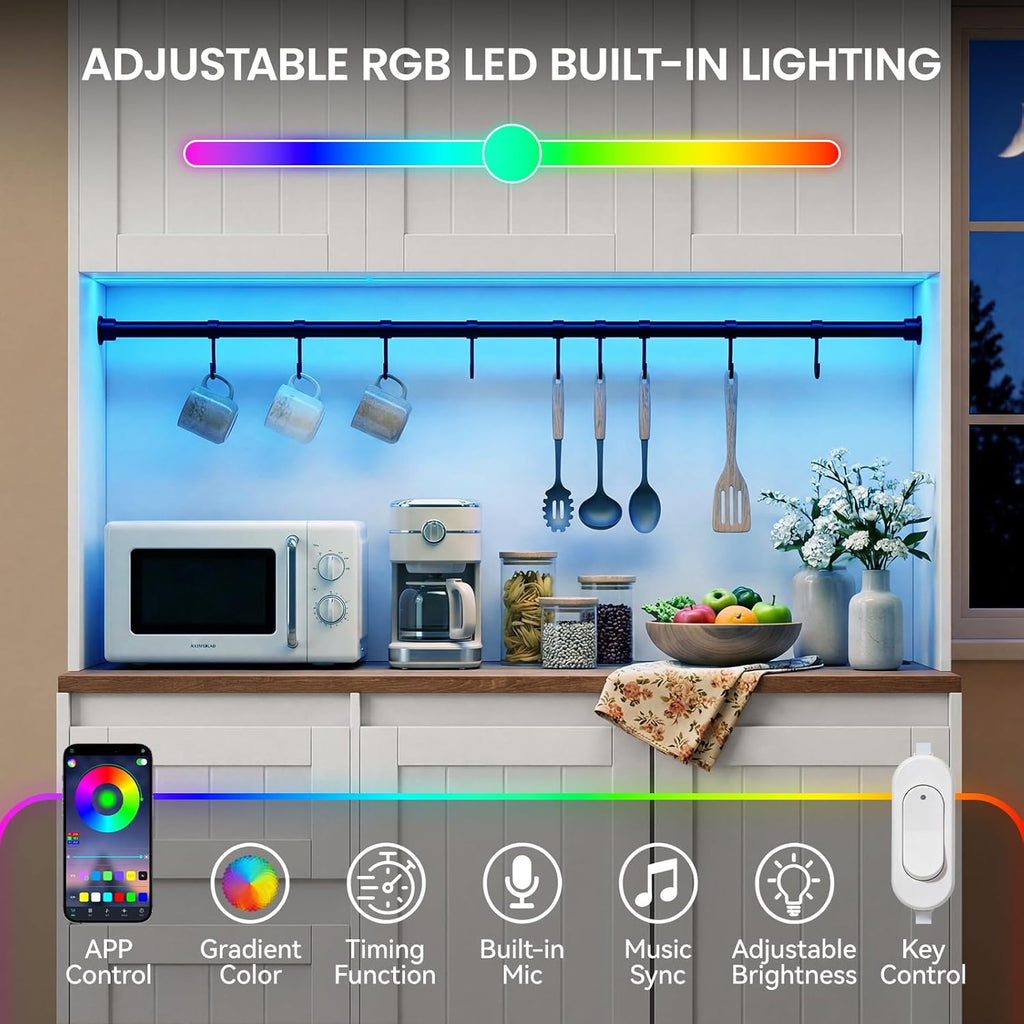 70.8'' LED Pantry Cabinet with Charging Station, Tall Kitchen Pantry Storage Cabinet with Countertop & Cup Hooks, Farmhouse Kitchen Hutch with Storage Drawers for Dining Room, White