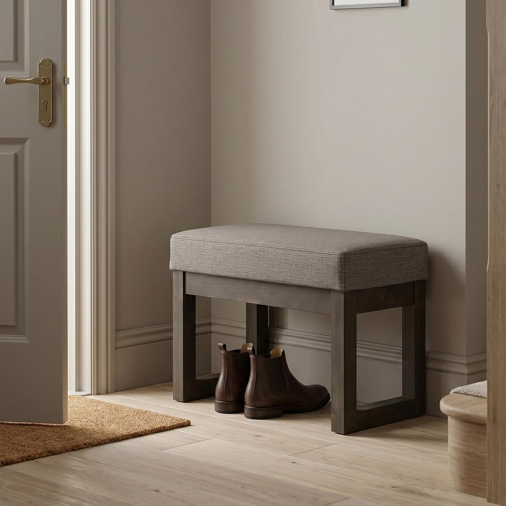 SIMPLIHOME Milltown 27" Wide Tweed Look Fabric Ottoman in Platinum