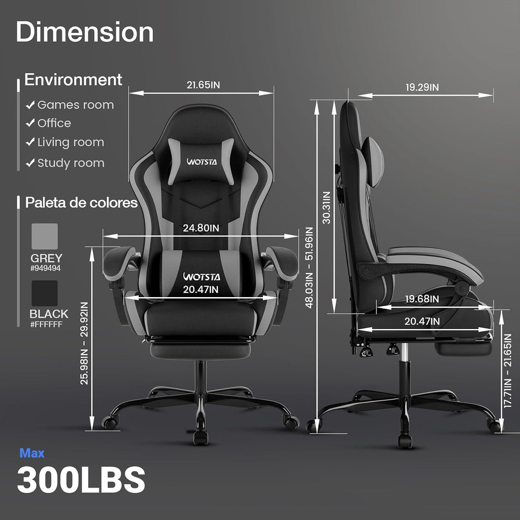 Ergonomic Gaming & Office Chair, Footrest, Racing Design Black/Grey | PVC with headrest,lumbar, Adjustable Height recliner for adults 2D-Linkage Armrests for 300LBS